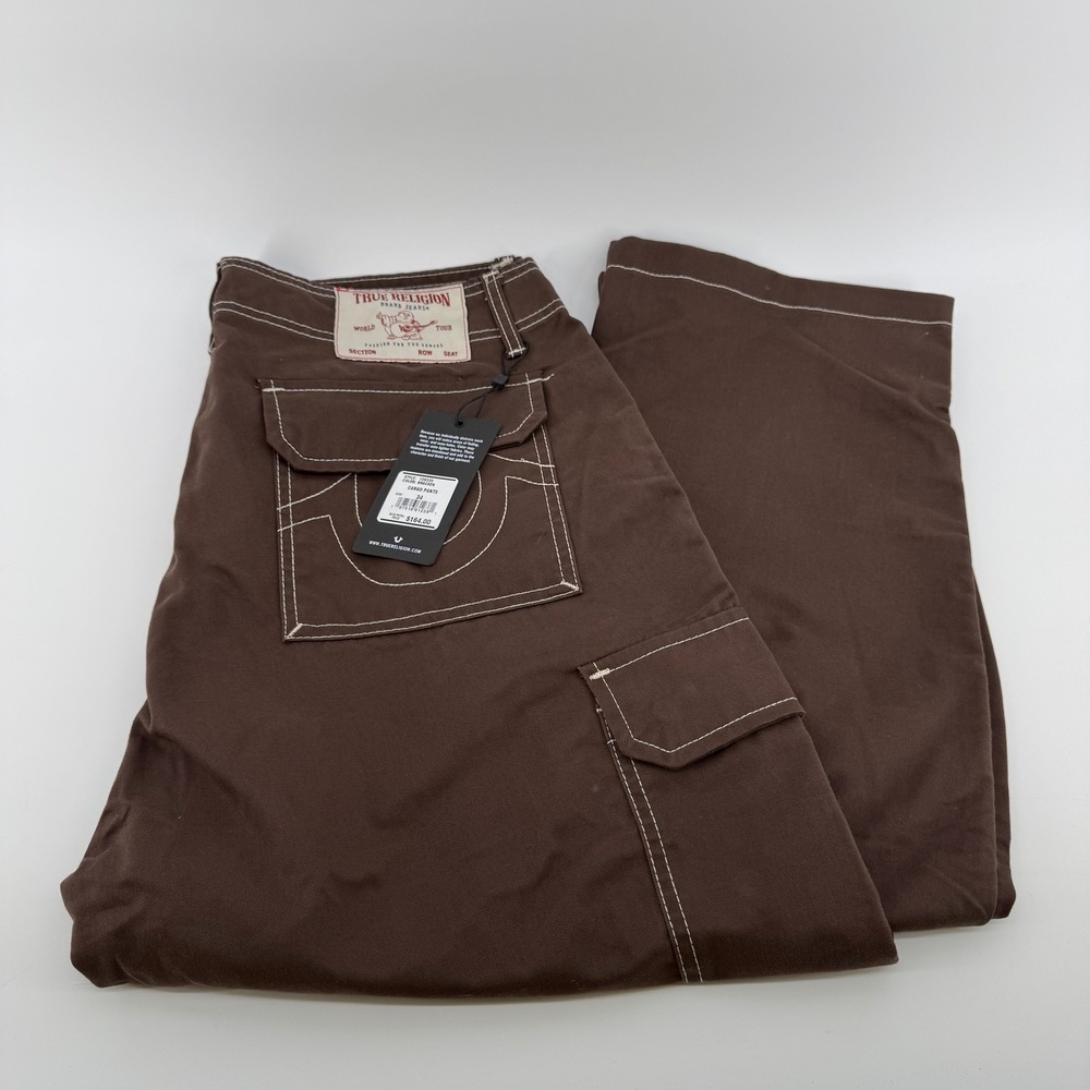 True Religion Mens Cargo Pants Bracken Brown White Contrast Stitch 108335 Sz 34